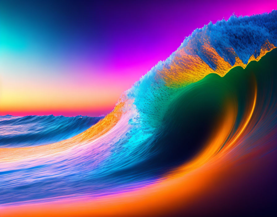 Colorful Ocean Wave with Neon Gradient Sky