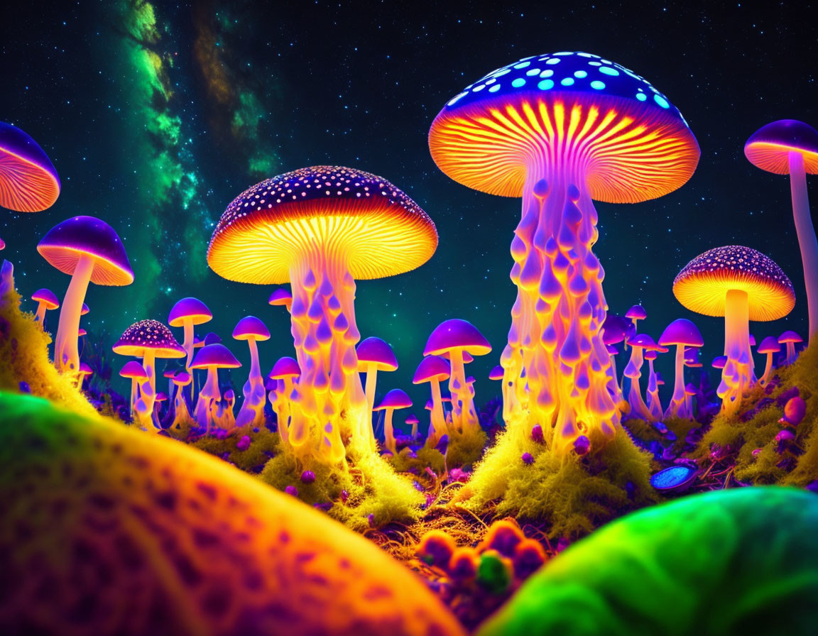 Fantasy landscape with vibrant neon-colored mushrooms