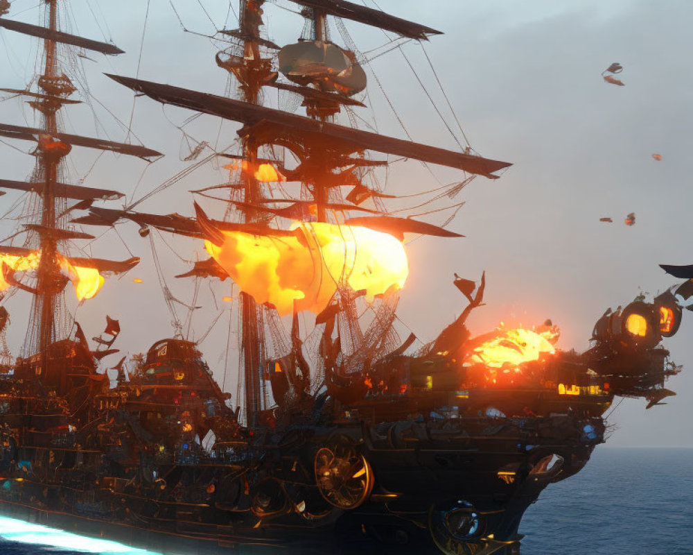 Ornate pirate ship under attack at sea with blazing cannons and fiery explosions