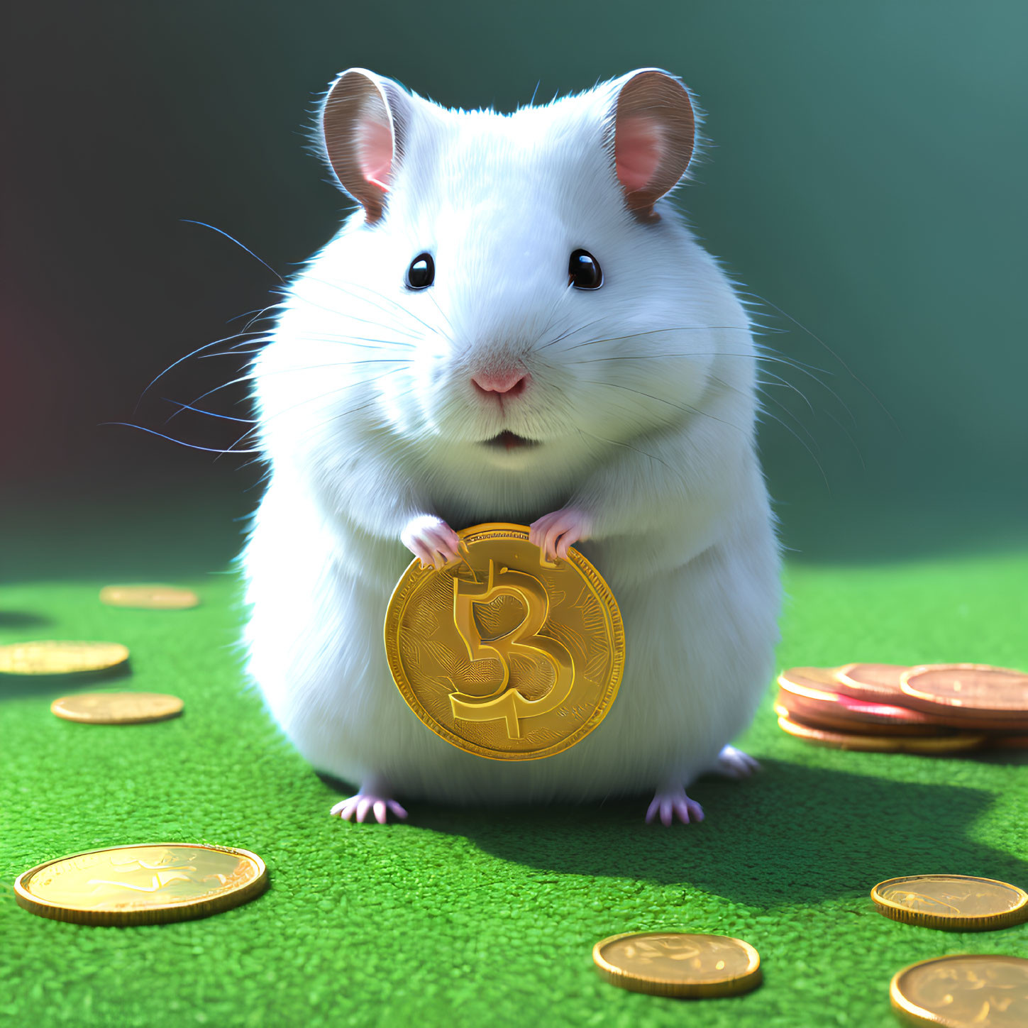 White hamster with gold Bitcoin token and scattered coins on green surface