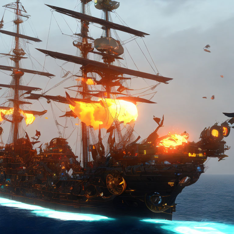 Ornate pirate ship under attack at sea with blazing cannons and fiery explosions