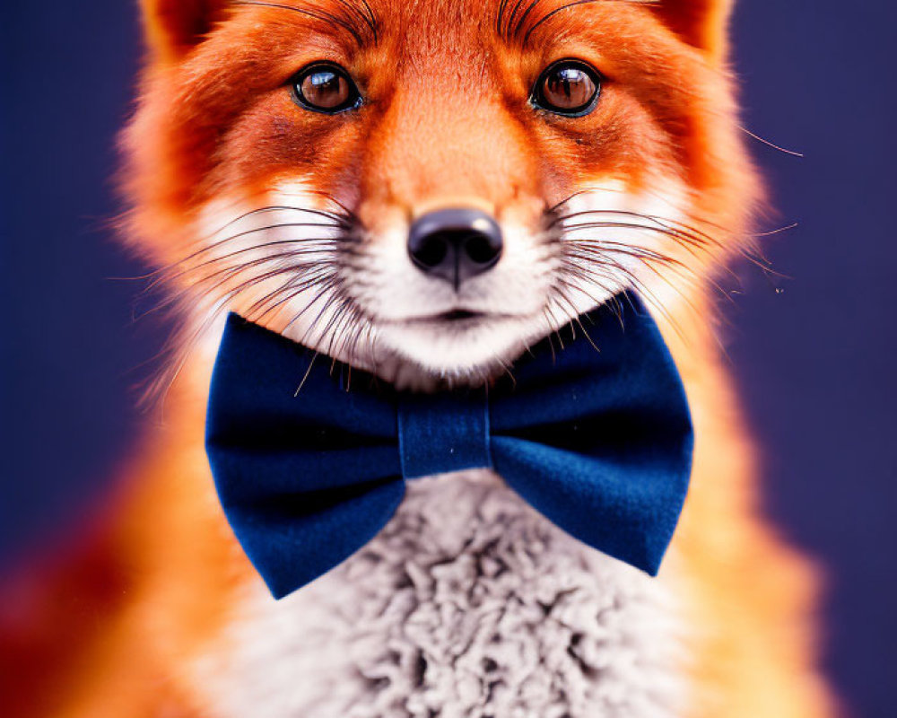 Red fox with piercing eyes and blue bow tie on dark blue background