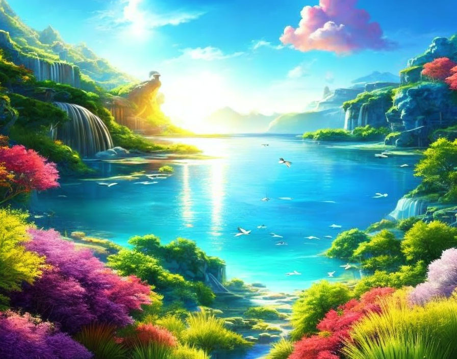 Scenic landscape with waterfalls, lake, flora, and birds under a sunny sky