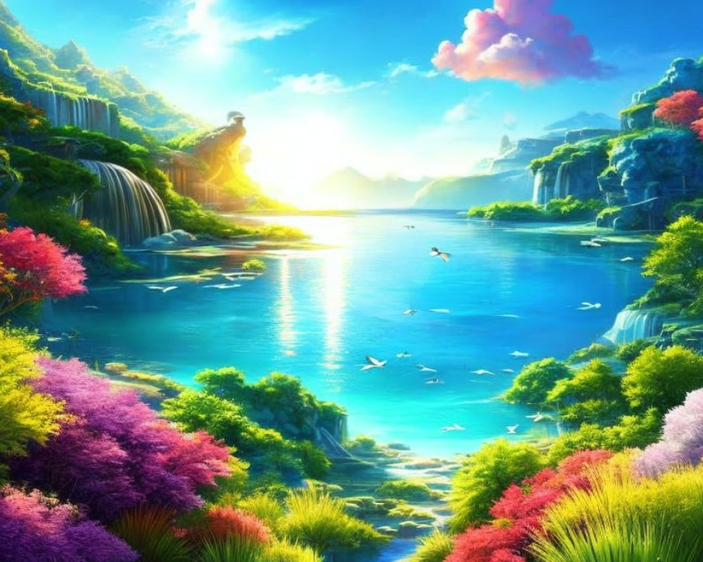 Scenic landscape with waterfalls, lake, flora, and birds under a sunny sky