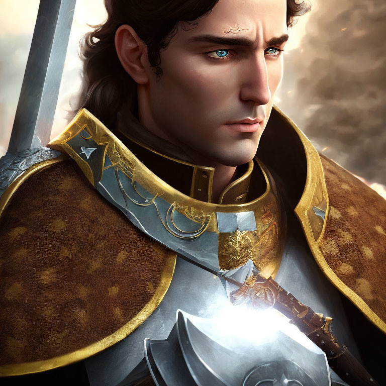 Fantasy knight digital art: blue-eyed warrior in golden-accented armor with fur-collared