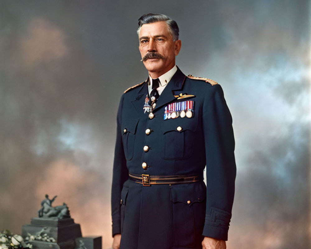 Decorated military man standing with statue and flowers in background