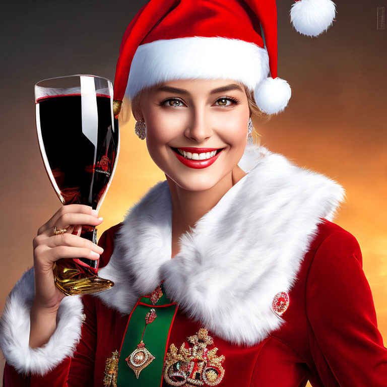 Smiling woman in Santa hat with wine glass in festive attire