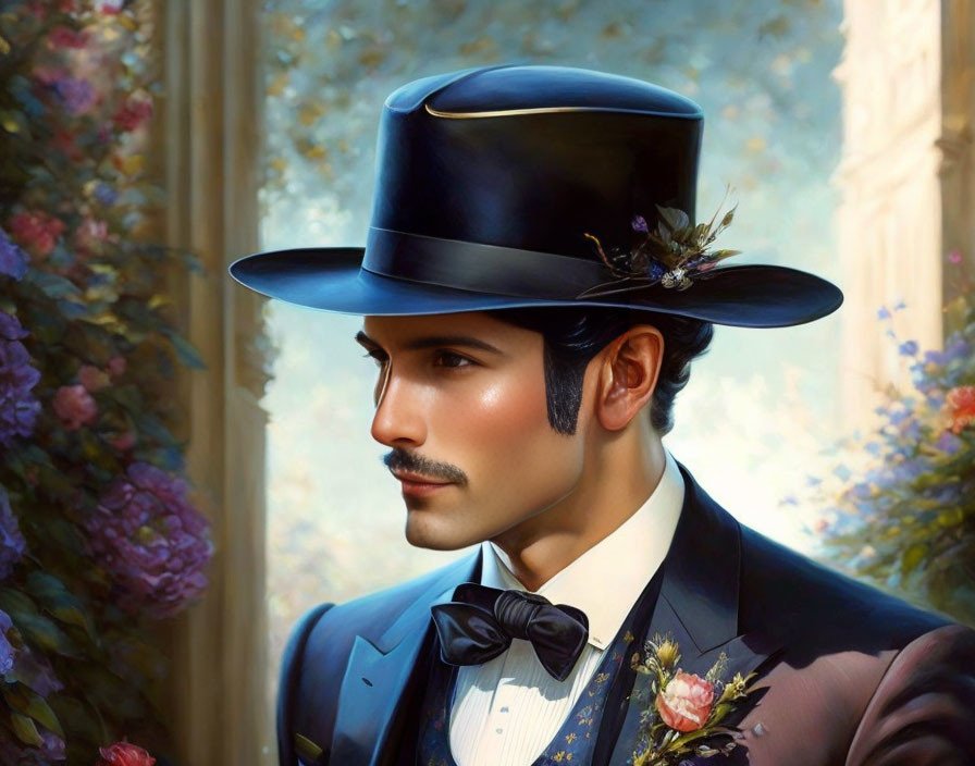 Mustached man in elegant suit and top hat with flowers, against floral backdrop