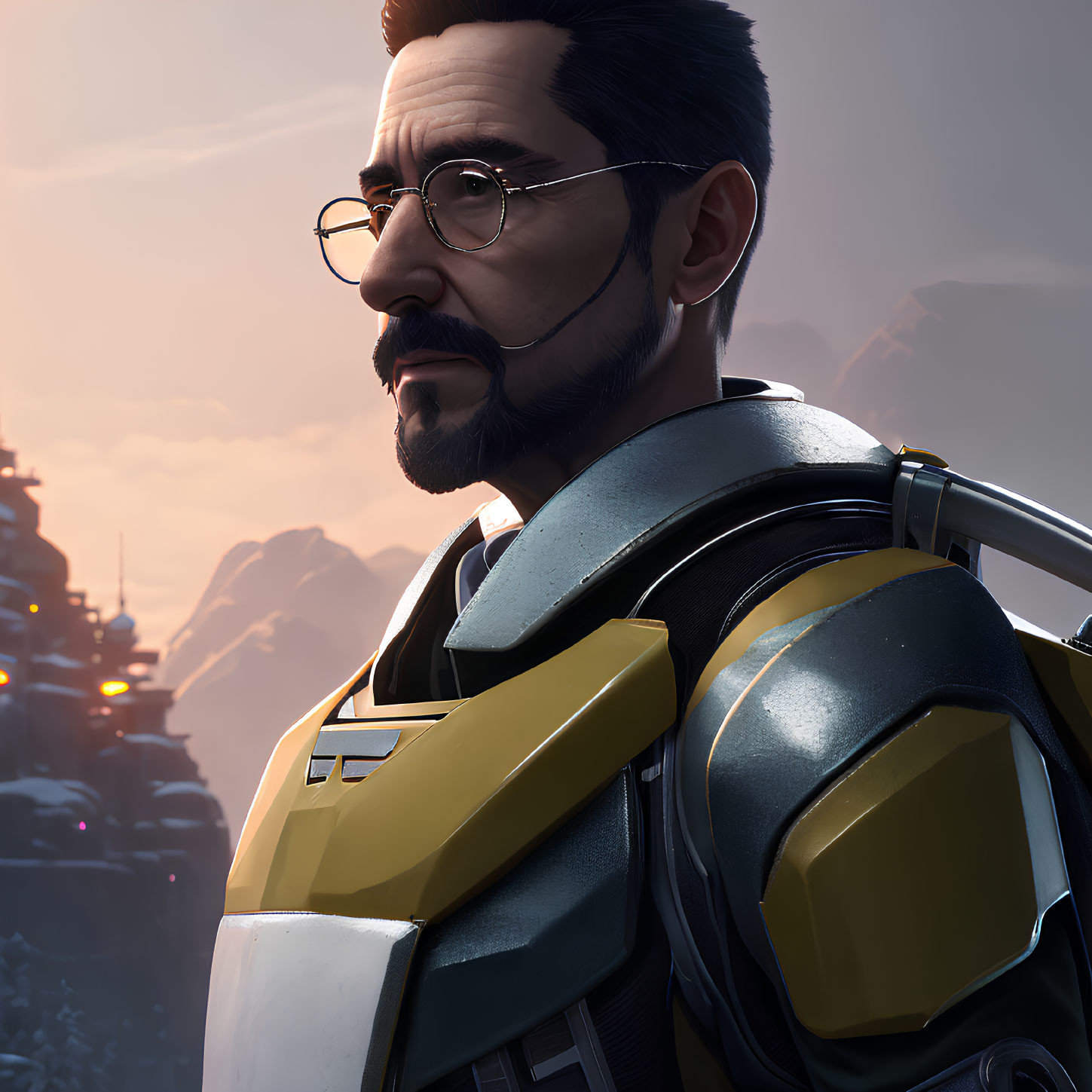 Bearded man in futuristic armor against industrial backdrop