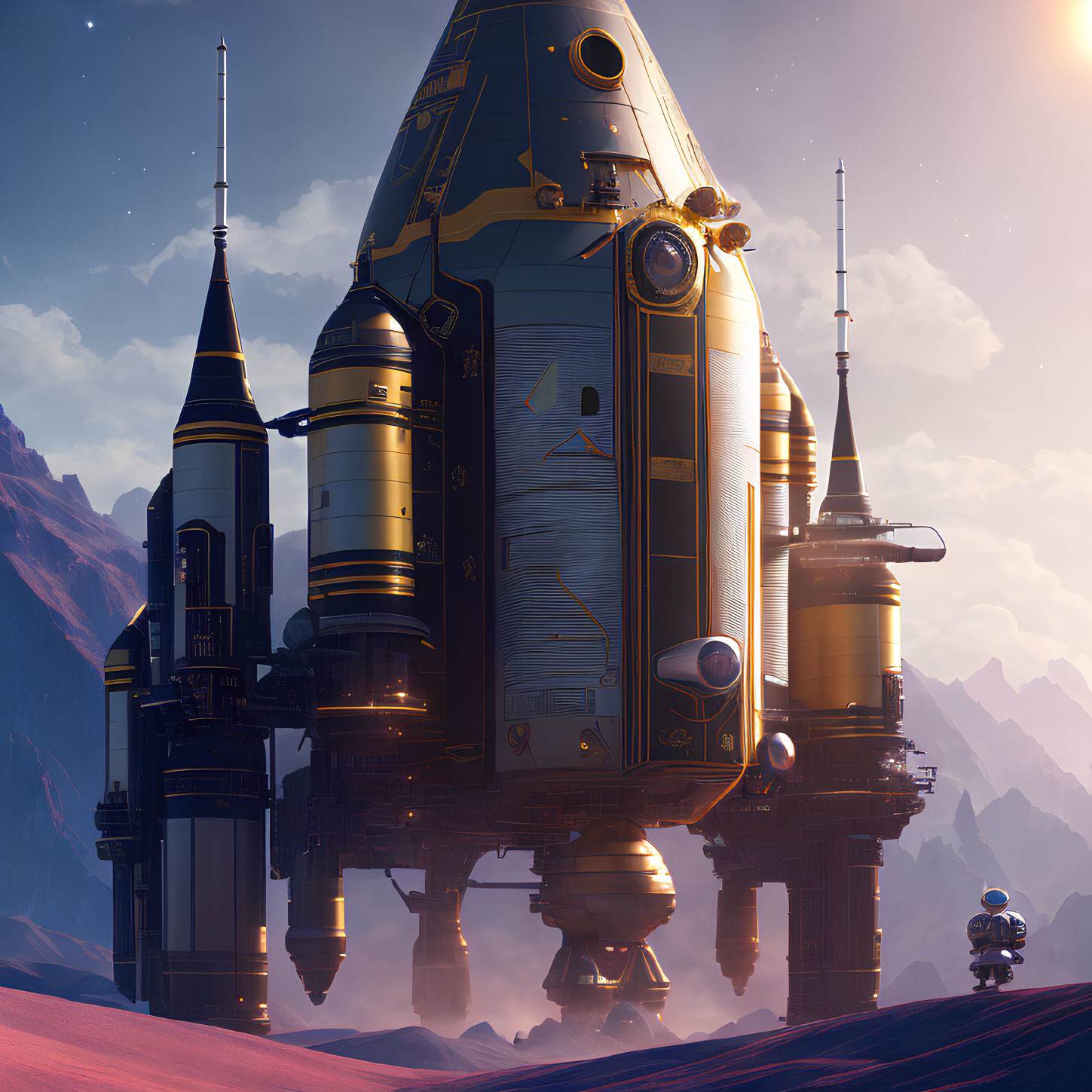 Golden futuristic spaceship on alien terrain with robot under dusky sky