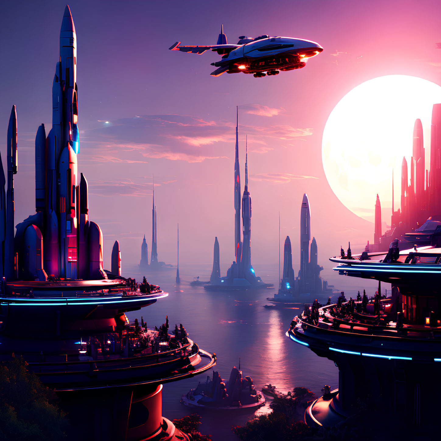 Futuristic cityscape with towering spires and flying vehicles in a purple sunset.