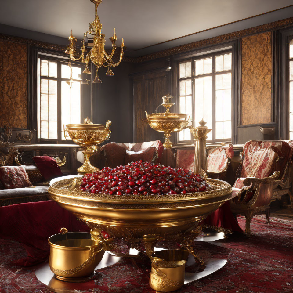 Luxurious Classic Decor with Golden Bowl, Cherries, Cups, Chandelier & Furniture