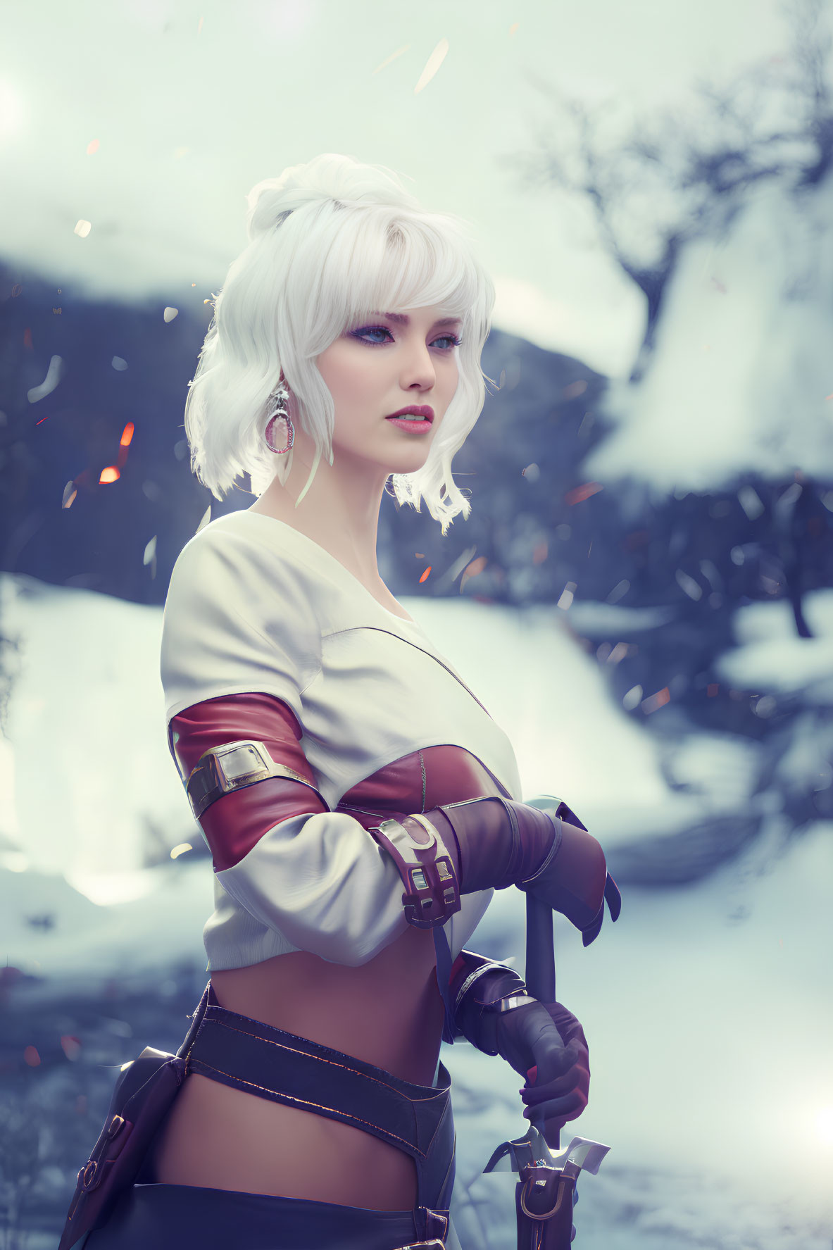 White-Haired Cosplayer in Crop Top Amid Snowy Backdrop