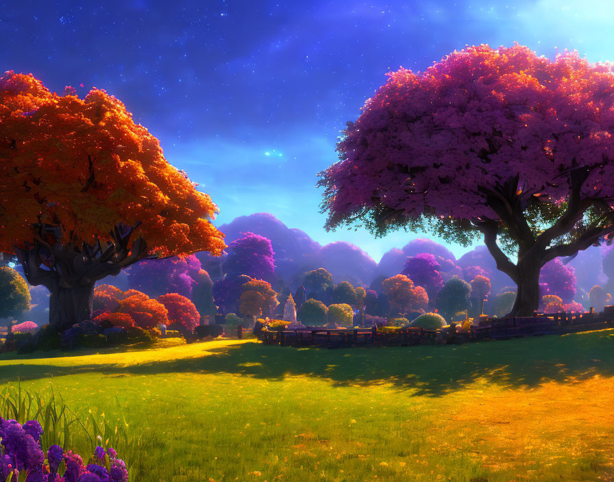 Colorful Trees and Starry Sky Over Green Meadow and Path