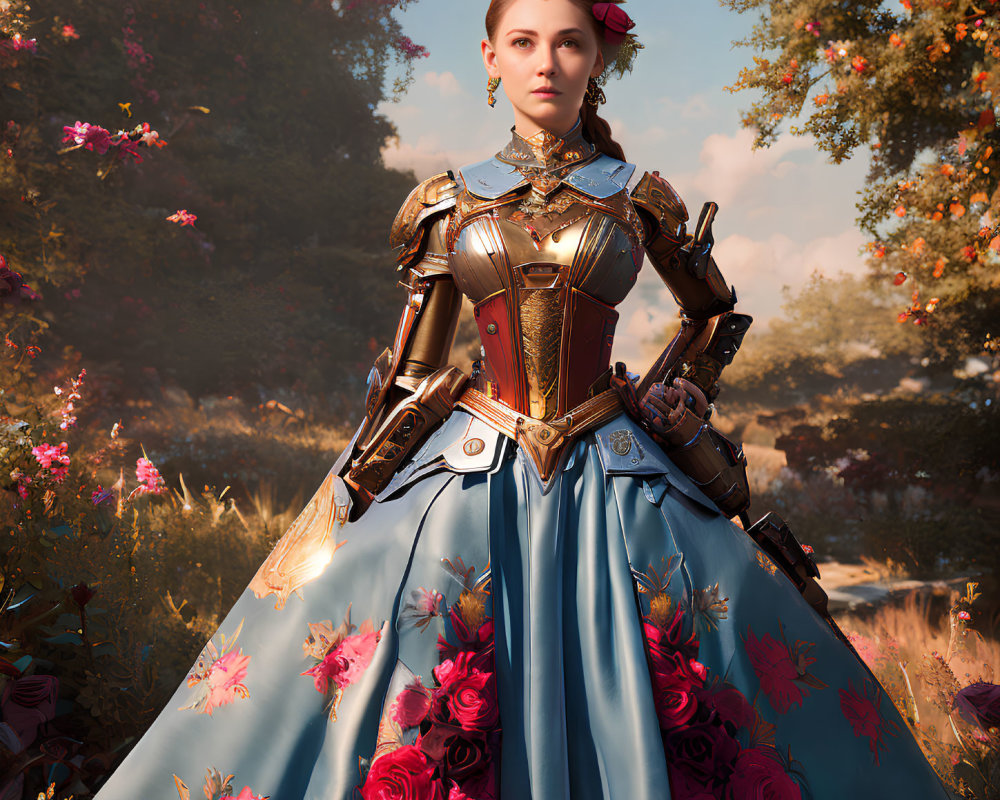 Woman in Blue and Gold Renaissance Dress with Armor in Sunlit Garden