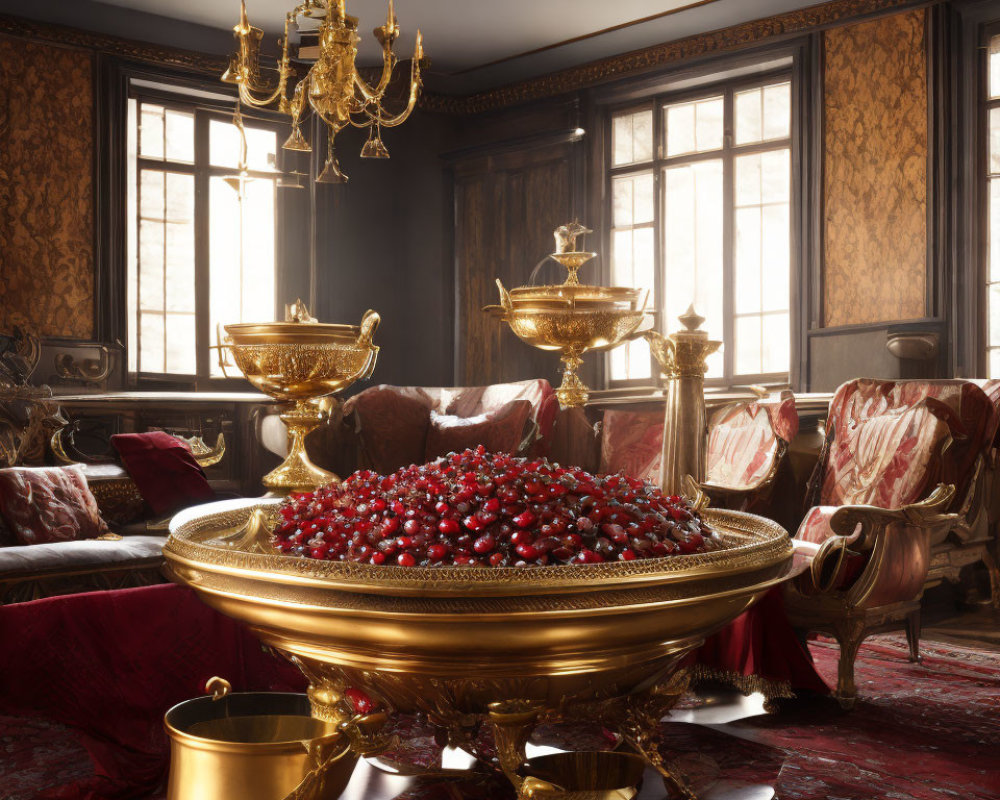 Luxurious Classic Decor with Golden Bowl, Cherries, Cups, Chandelier & Furniture