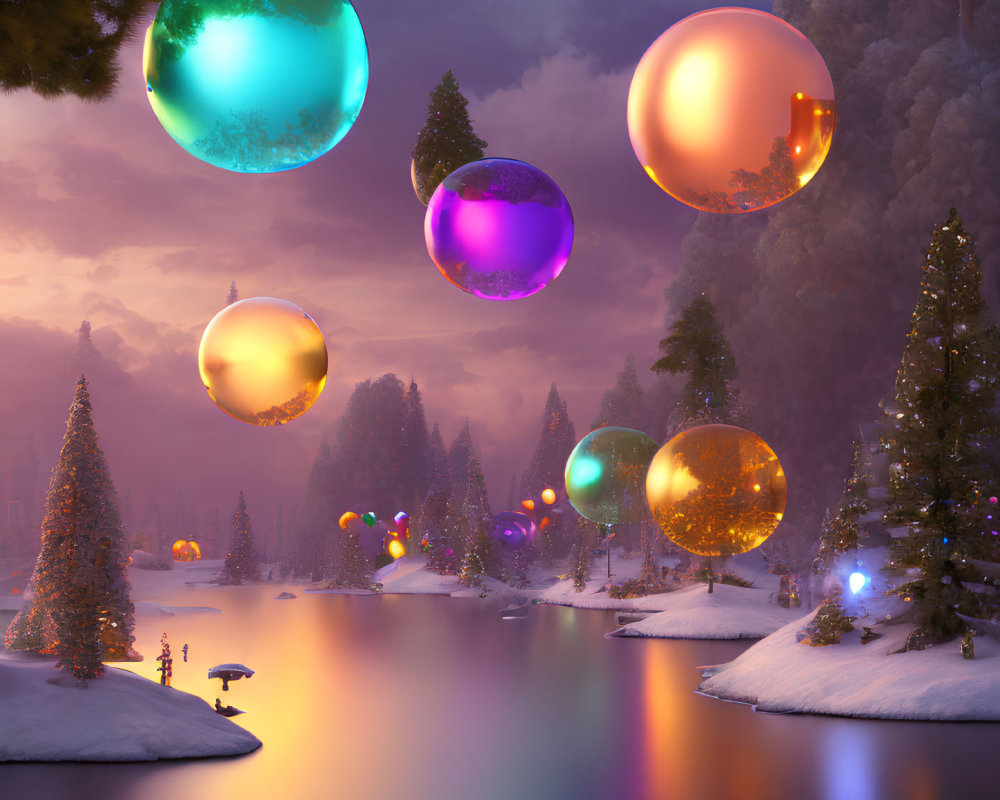 Winter landscape with colorful orbs over lake and snow-covered trees