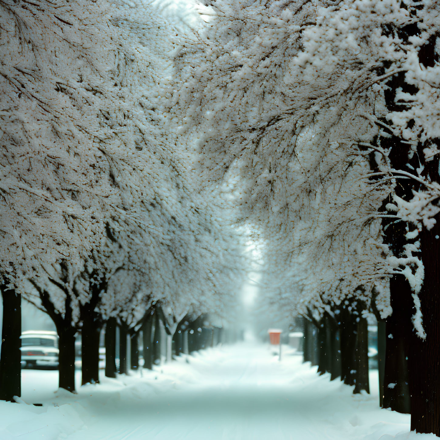 Snow-covered path with trees, soft light, and red object in distance