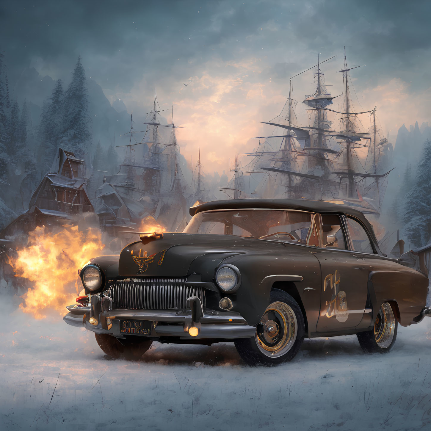 Vintage car with illuminated headlights in snowy twilight scene with sailing ships and cozy houses.