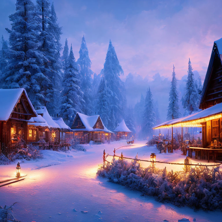 Snowy village at dusk: illuminated cabins, trees, and street lamps in warm glow