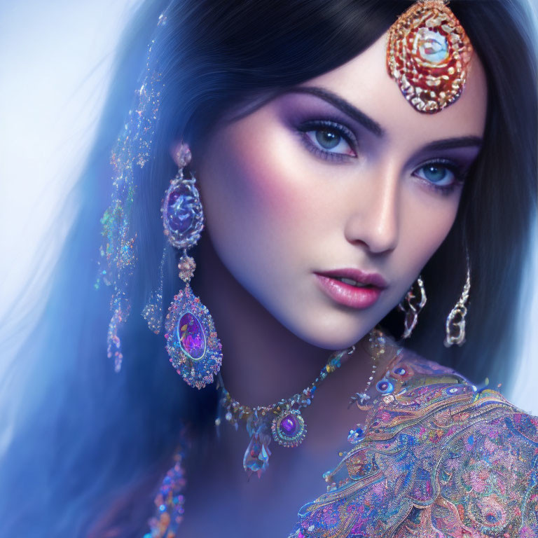 Portrait of Woman with Striking Blue Eyes and Gem-Encrusted Jewelry