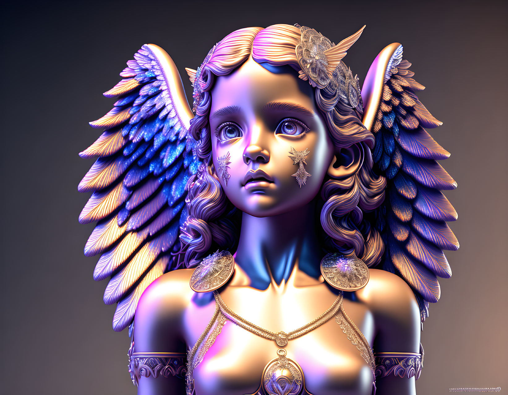 Young angelic figure with multi-hued wings and jewelry on gradient background