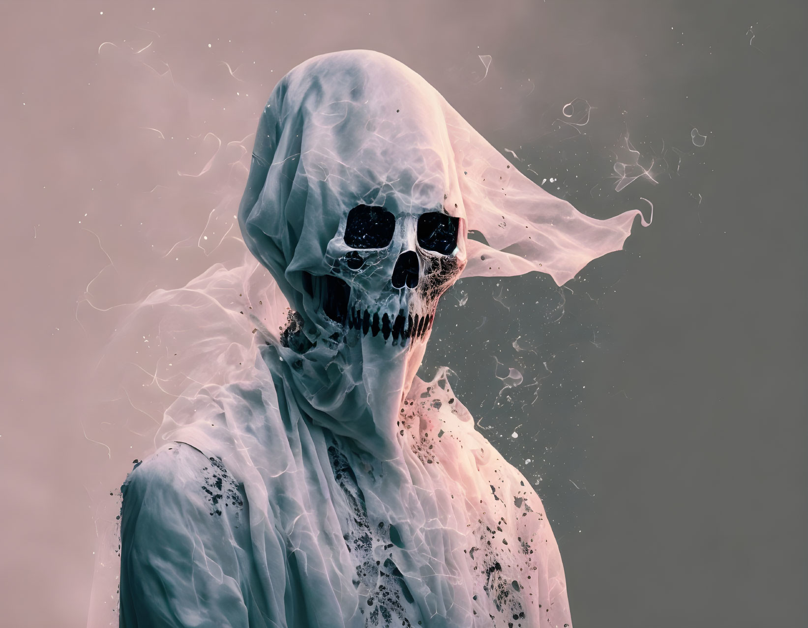 Ethereal skeletal figure in tattered white cloth against muted background