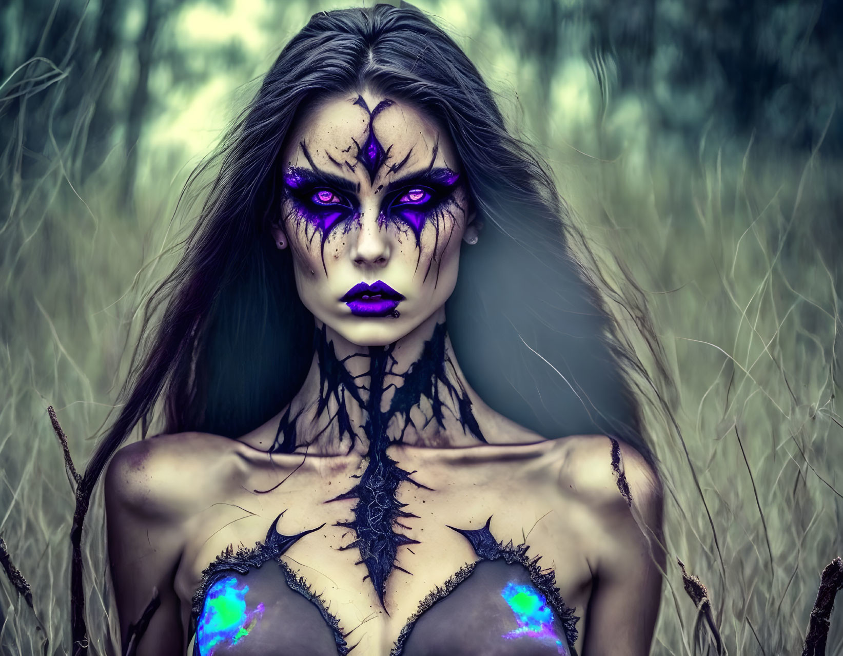 Dark and Purple Makeup Woman in Mystical Forest Setting