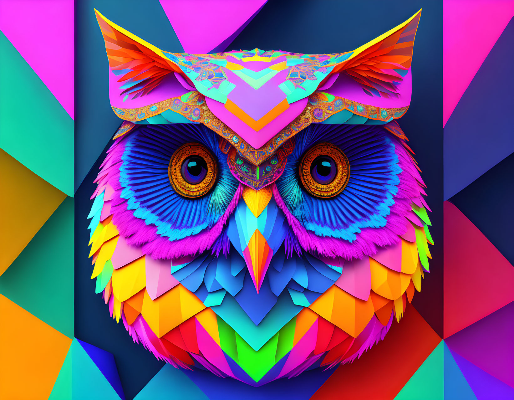 Colorful geometric owl art with vibrant patterns on abstract background