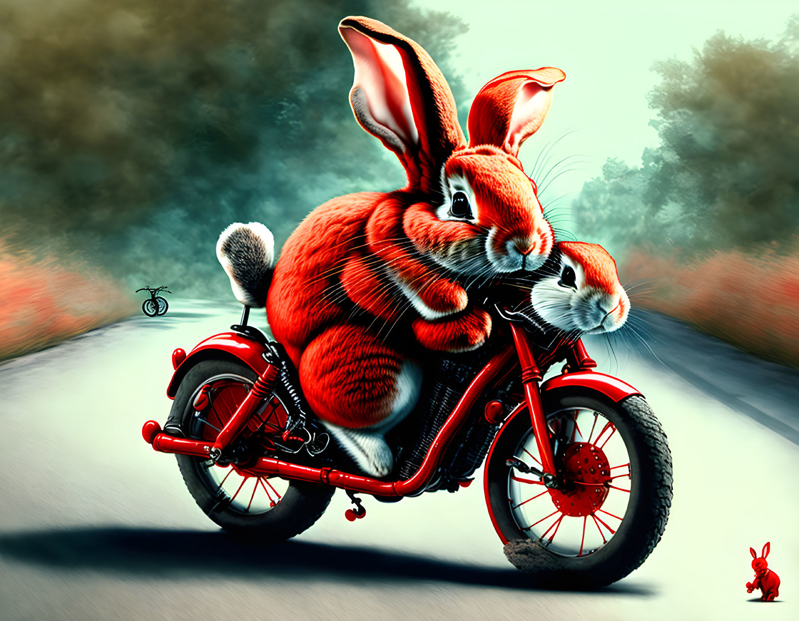 Stylized illustration of large red rabbit on motorcycle with tiny figures