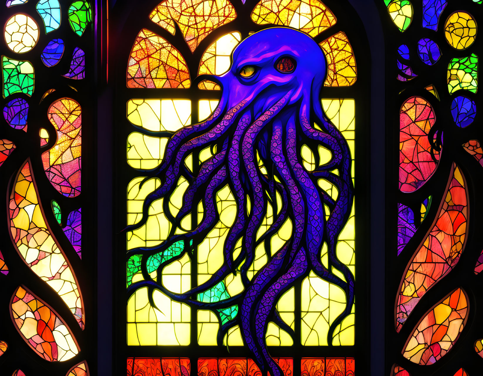 Colorful octopus design in intricate stained glass window