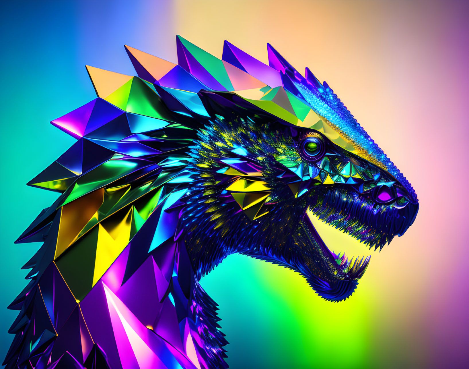 Vibrant dragon digital art with iridescent geometric surface