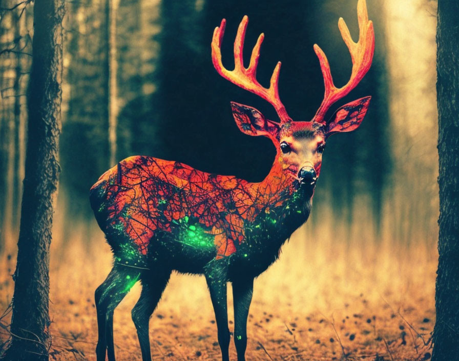 Digitally altered image: Glowing tree branch pattern on deer in dimly lit forest