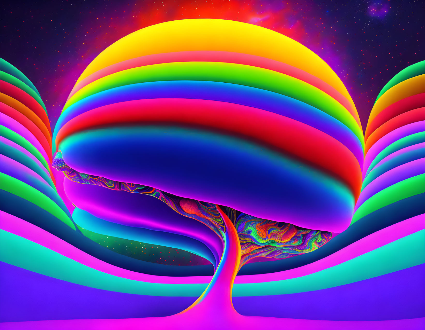 Colorful digital artwork: Rainbow tree under neon sky