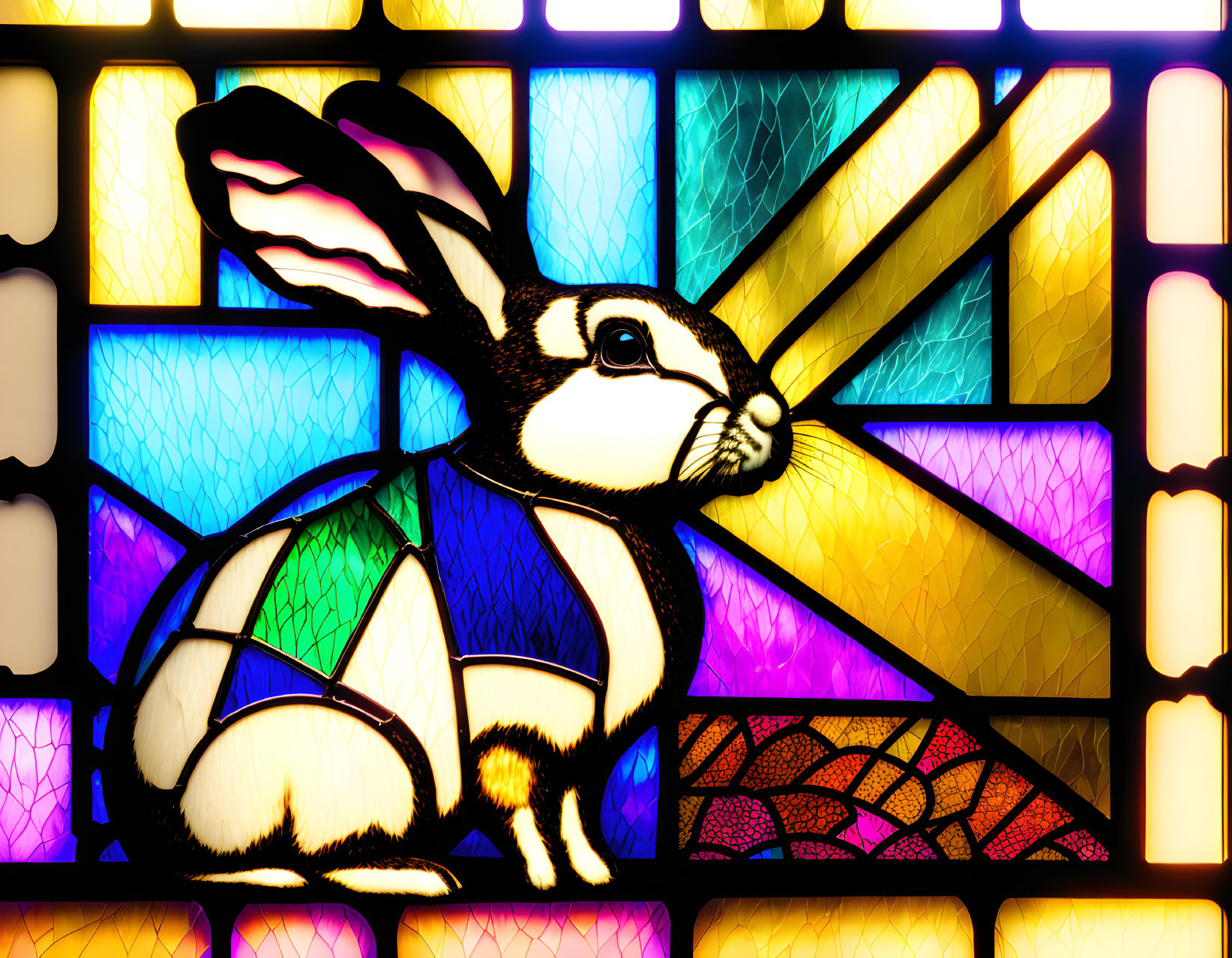 Colorful Stained Glass Window with Rabbit and Abstract Patterns in Blue, Yellow, and Purple