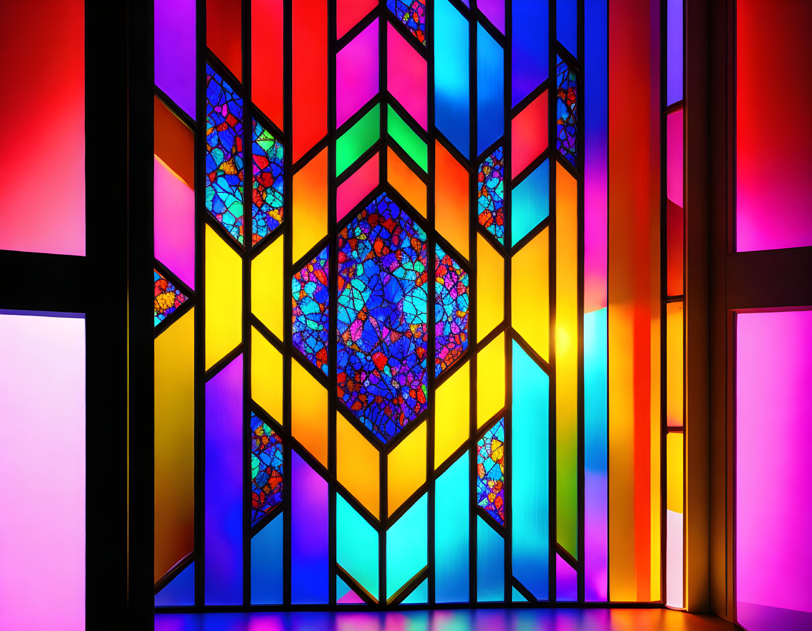 Colorful Geometric Stained Glass Windows Illuminate Interior