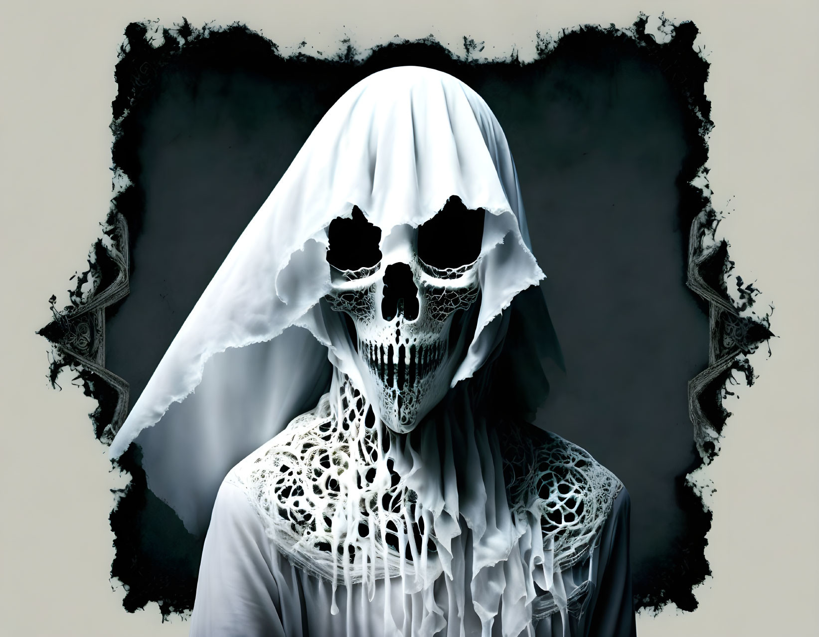 Skull-faced figure in white cloth on dark textured background