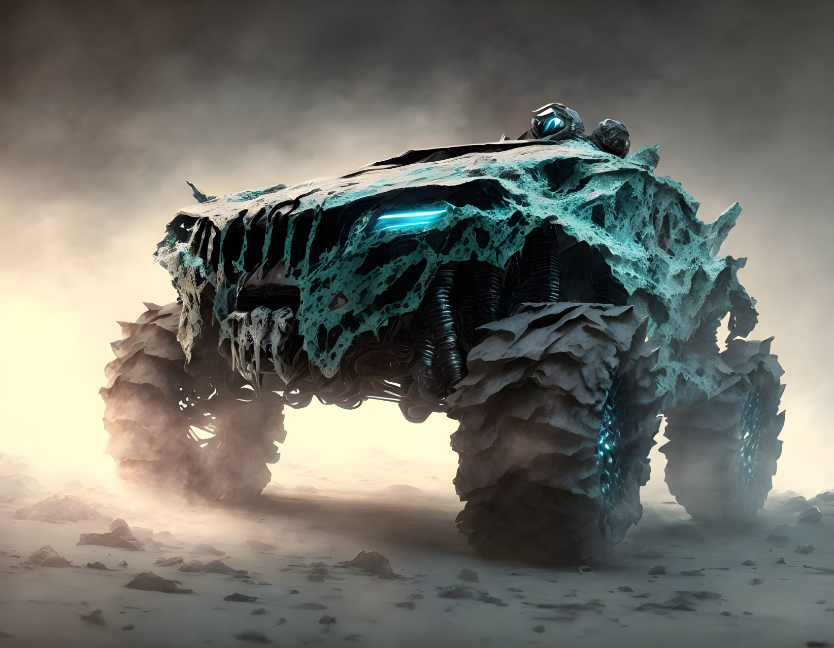 Blue Glowing Alien Rover Explores Foggy Landscape