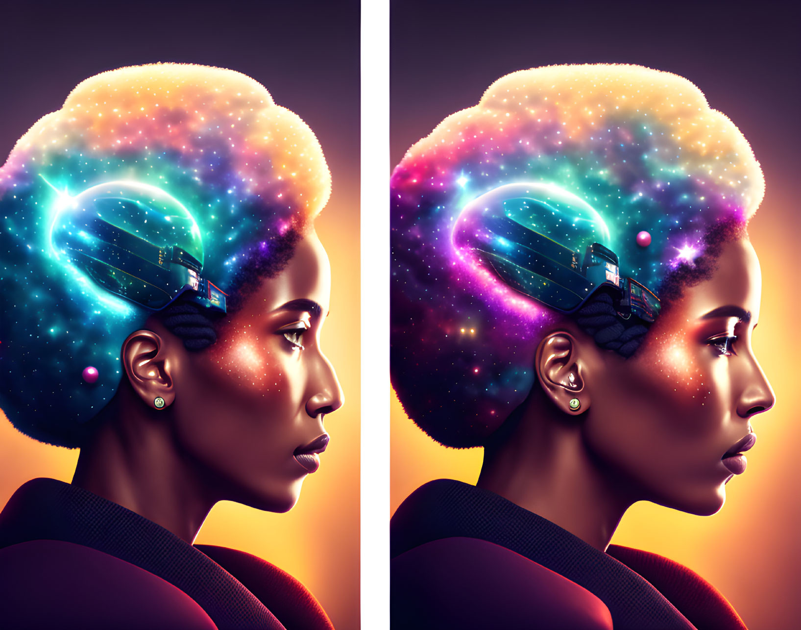 Surreal portrait: woman with afro in cosmic scene