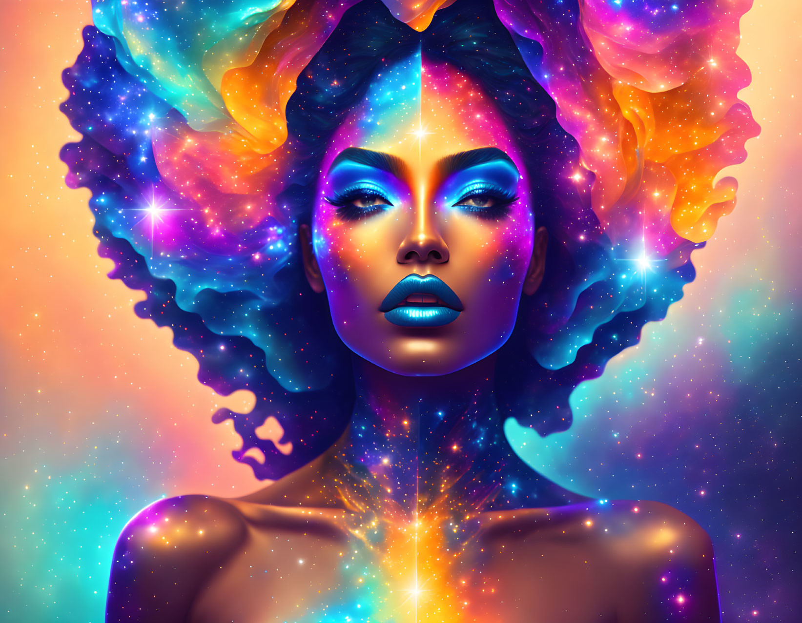 Colorful digital portrait of woman with cosmic makeup and hair against starry nebula backdrop