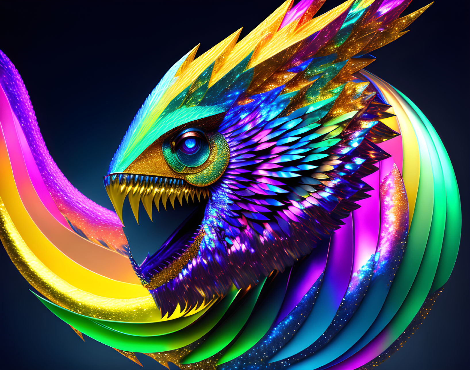 Mythical bird with sharp beak and iridescent feathers on dark background