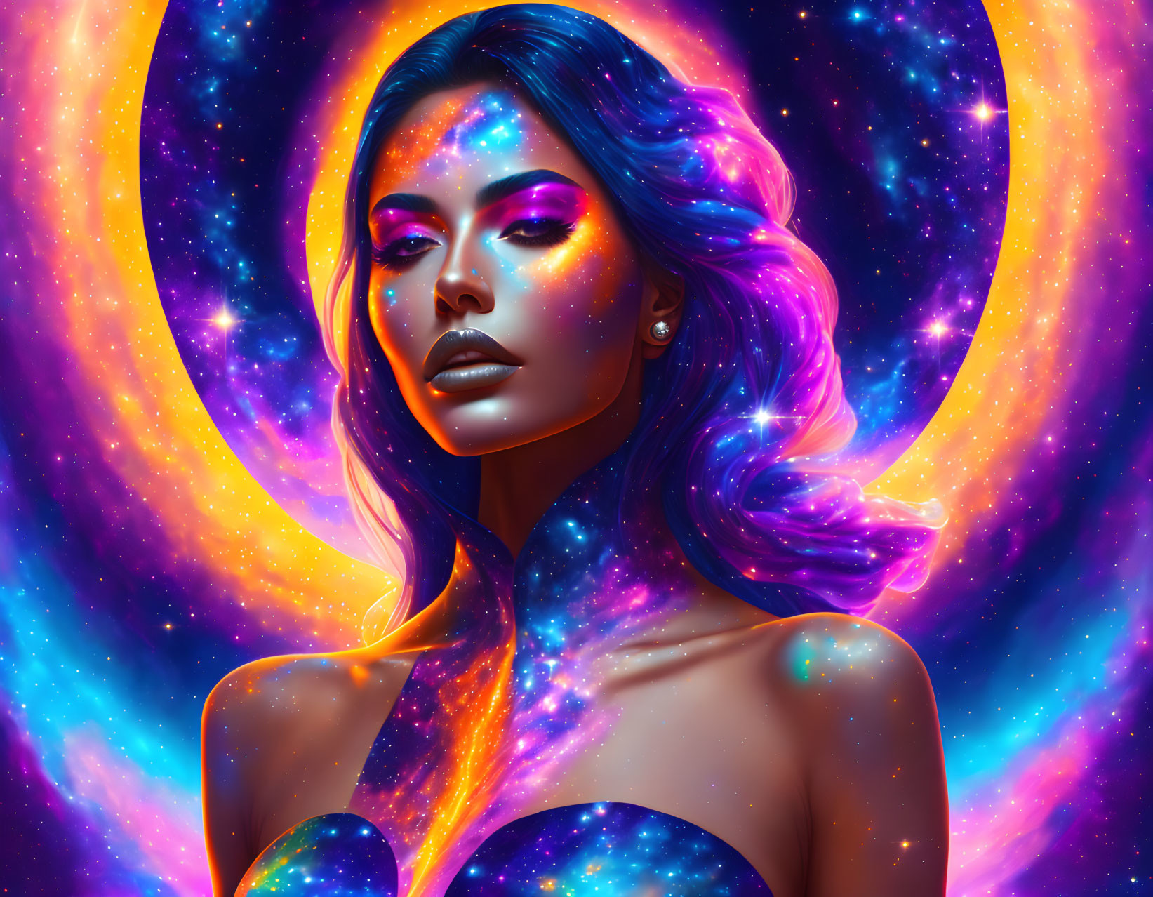 Cosmic-themed digital artwork of a woman with nebulae and stars.