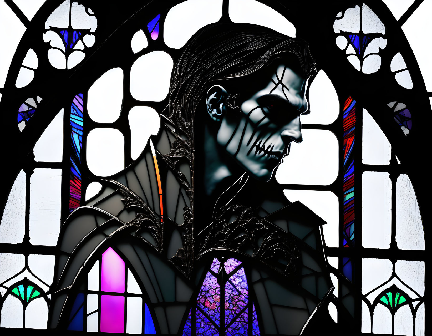 Gothic-style artwork: skeletal figure, bat-like wings, vibrant stained glass.