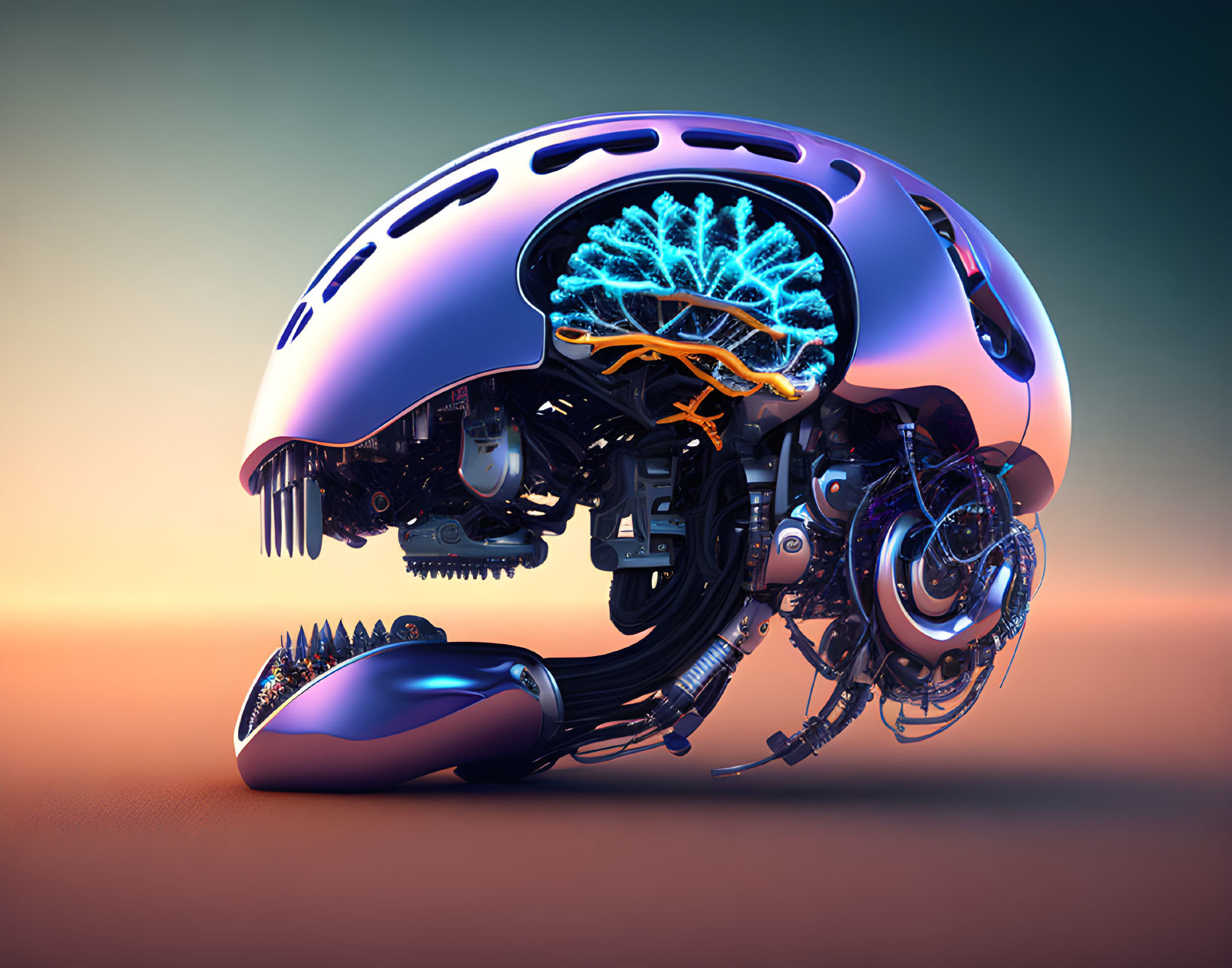 Mechanical head with brain-like structures and intricate gears.