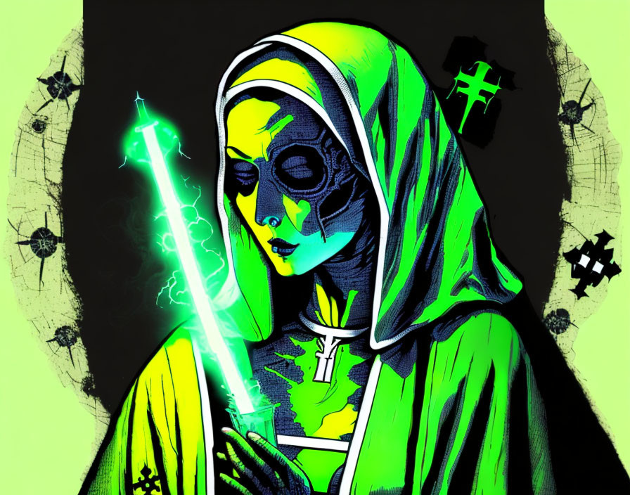 Skeletal nun in green habit with glowing cross, spiders, and cobwebs.