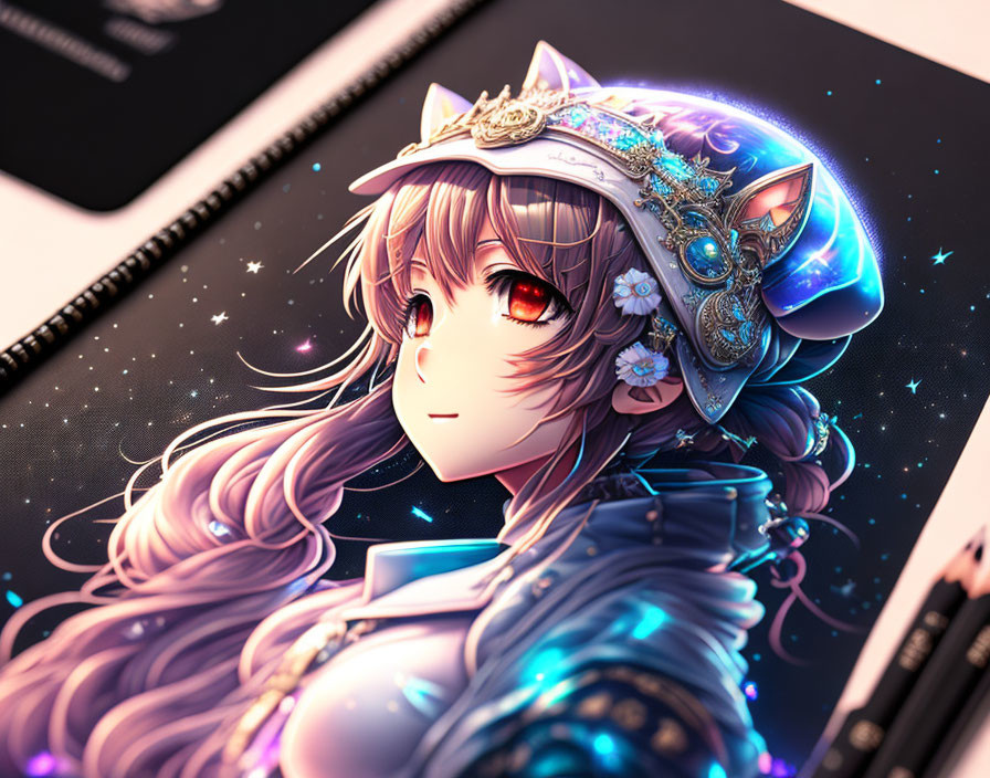 Fantasy female character with red glowing eyes and star-themed hat and headphones.