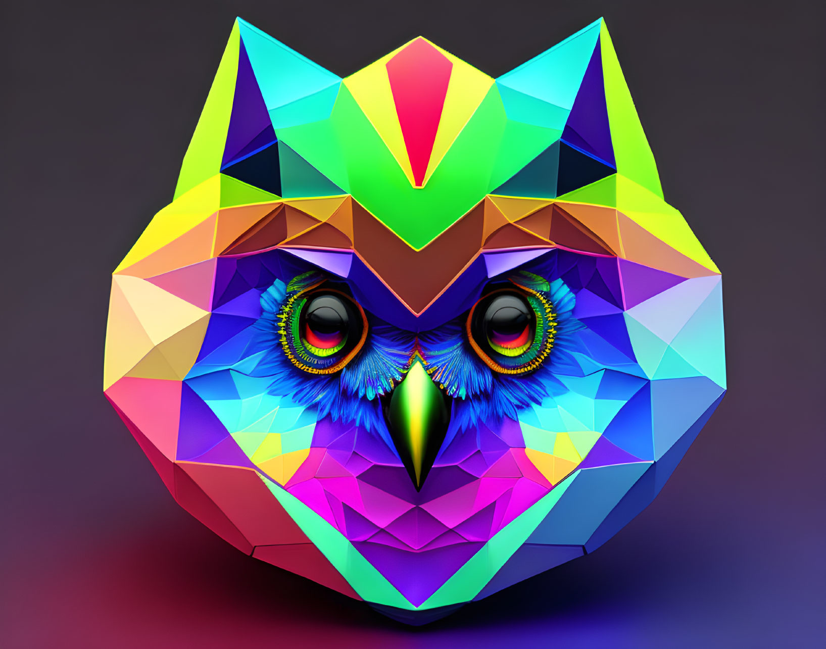 Vibrant geometric owl face with rainbow-hued eyes