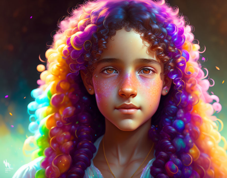 Vibrant multicolored curly hair and glittering freckles in digital portrait