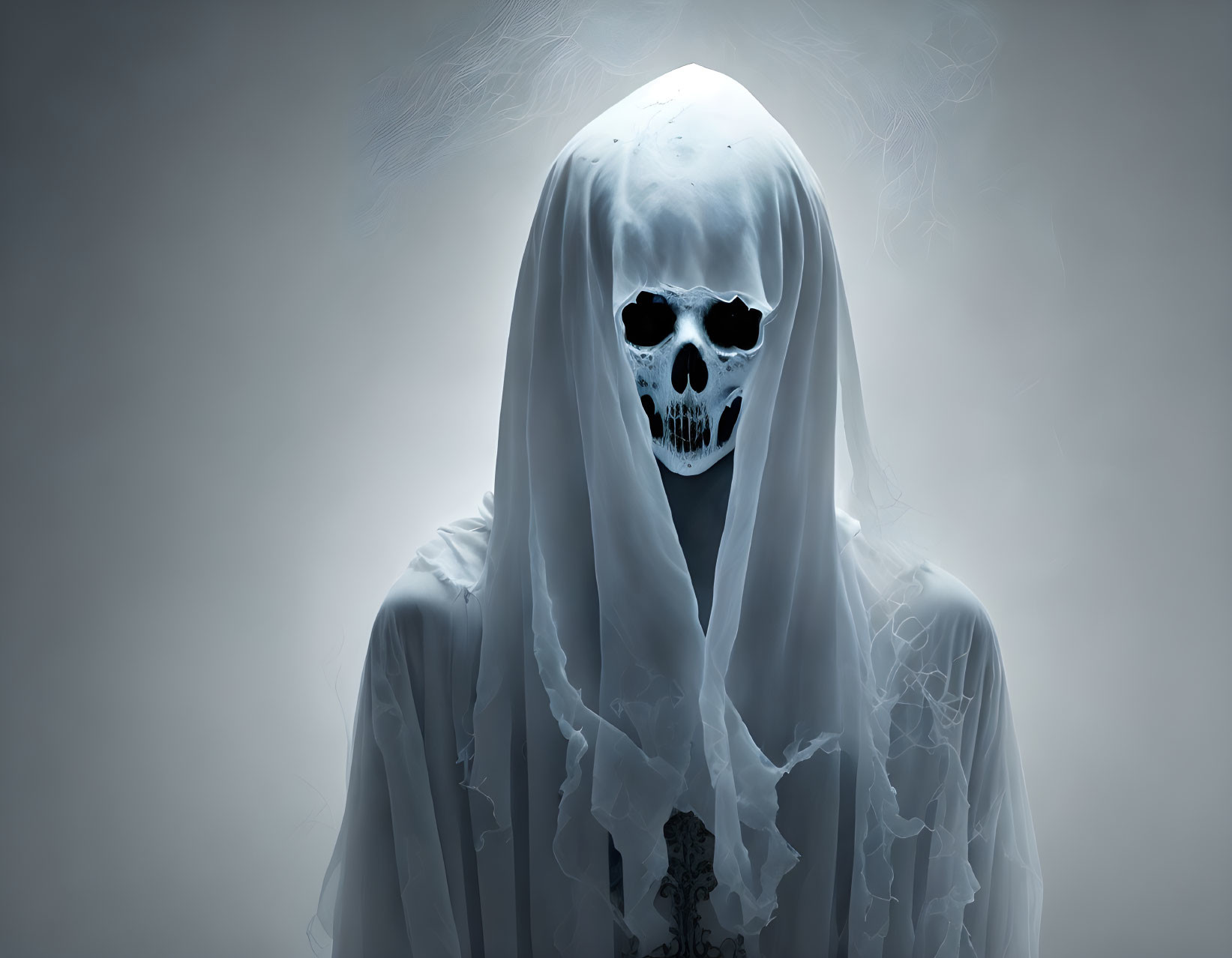 Skull-faced figure in tattered white cloth with eerie glow and ghostly tendrils