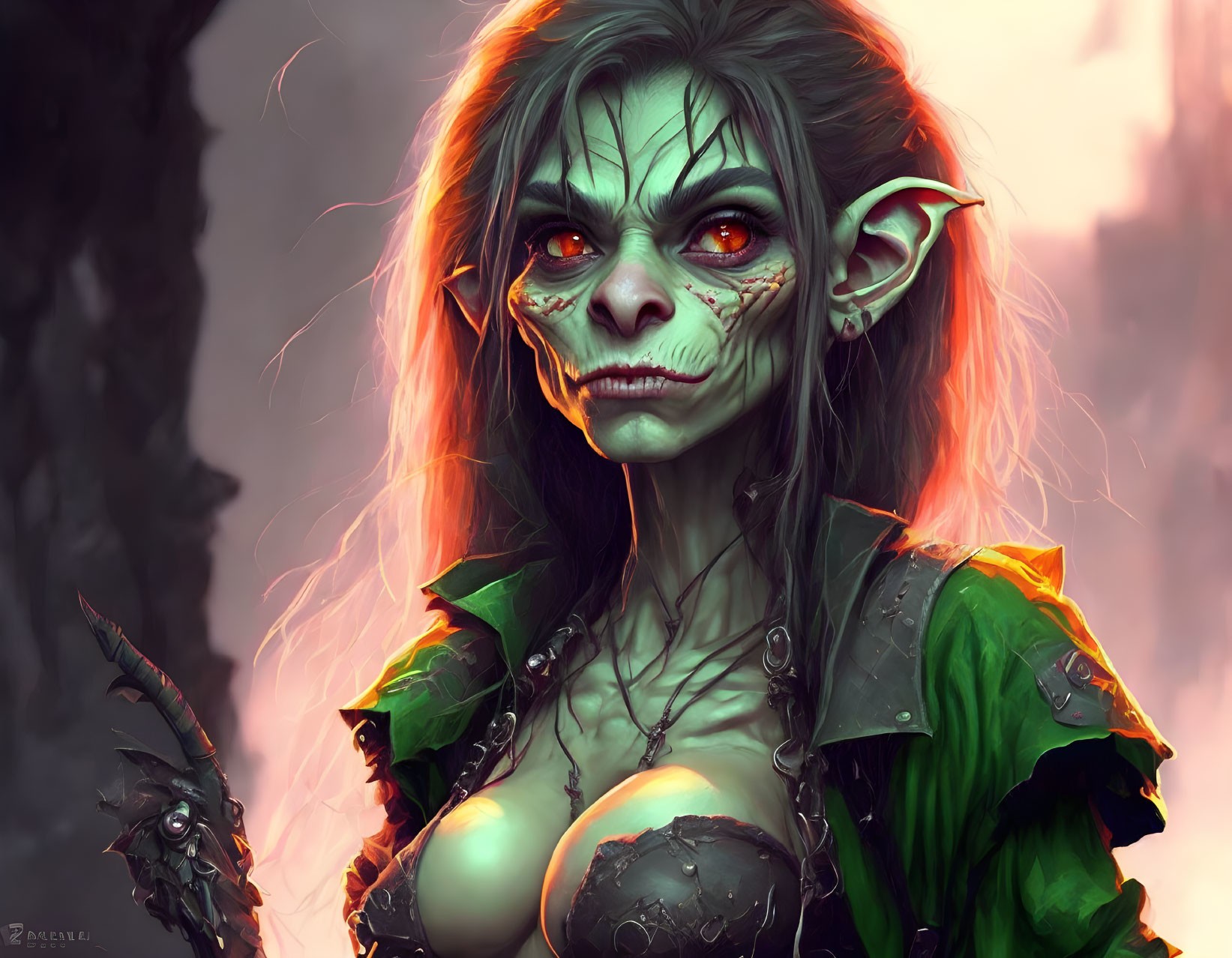 Green-skinned female creature with red eyes in armor and chains